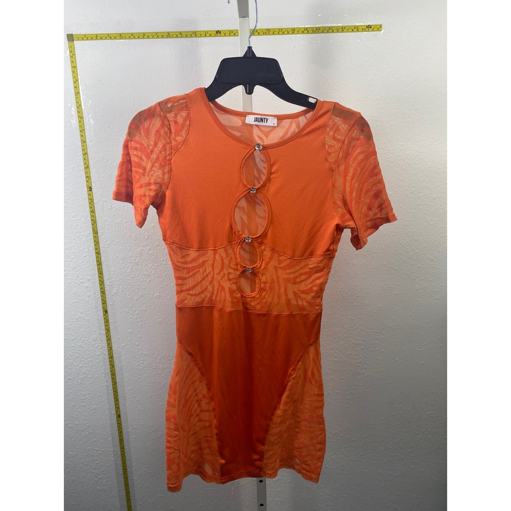 Jaunty Orange Mesh Zebra Print Cut Out Rhinestone Mini Dress Womens Medium